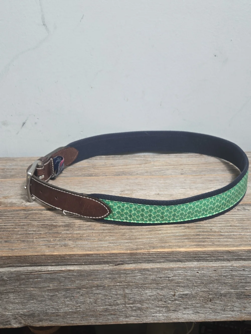 Vineyard Vines Leather And Fabric Green Silk Shamrock Belt